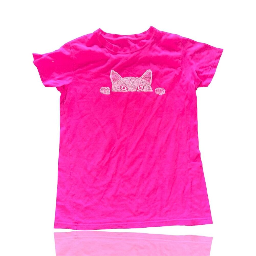 LA POP ART Women's Pink Peeking Cat Graphic T-Shirt Size M